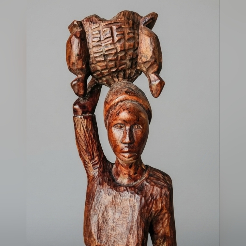 African Sculpture Tribal Woman Basket on Head Wood Carving 27" - Picture 2 of 4